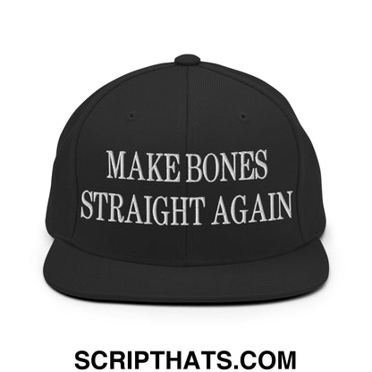 Black snapback cap with white embroidered make bones straight again text and flat bill brim design