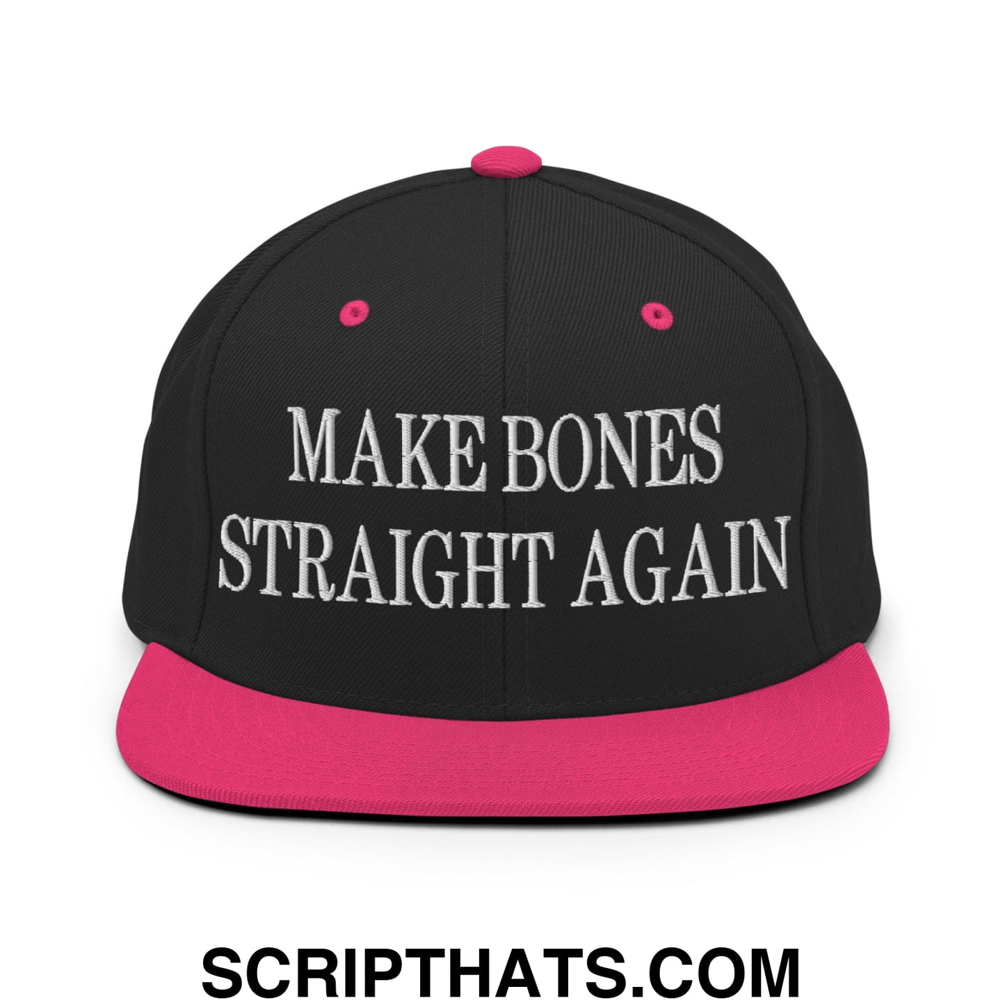 Black snapback cap with vibrant pink brim and button featuring white embroidered text reading make bones straight again