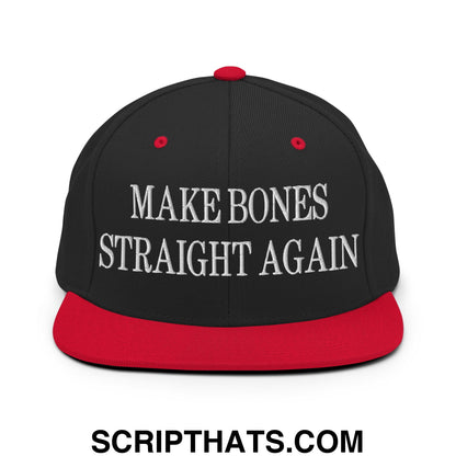 Black and red snapback hat with white embroidered make bones straight again text and flat bill brim design