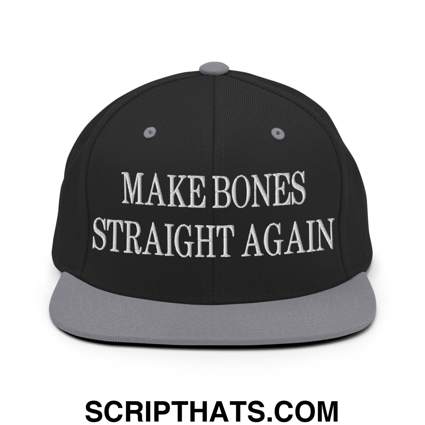 Black snapback cap with gray brim and white embroidered make bones straight again text on front panel