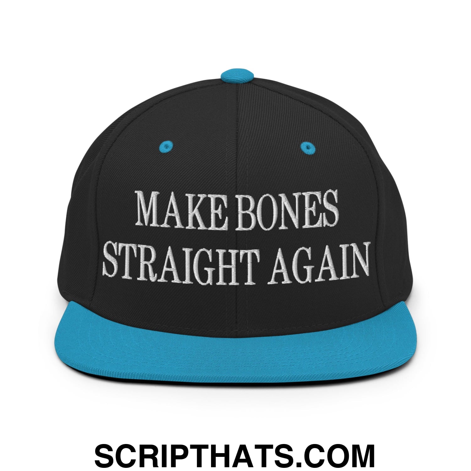 Black snapback cap with teal brim and button featuring white embroidered make bones straight again text