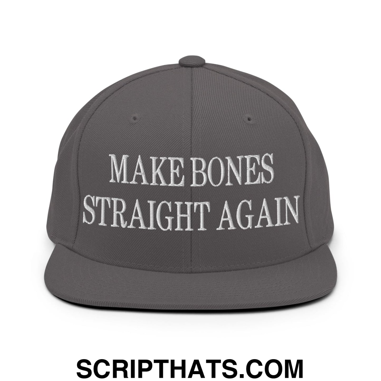 A dark gray snapback hat with white embroidered make bones straight again text on the front flat bill brim