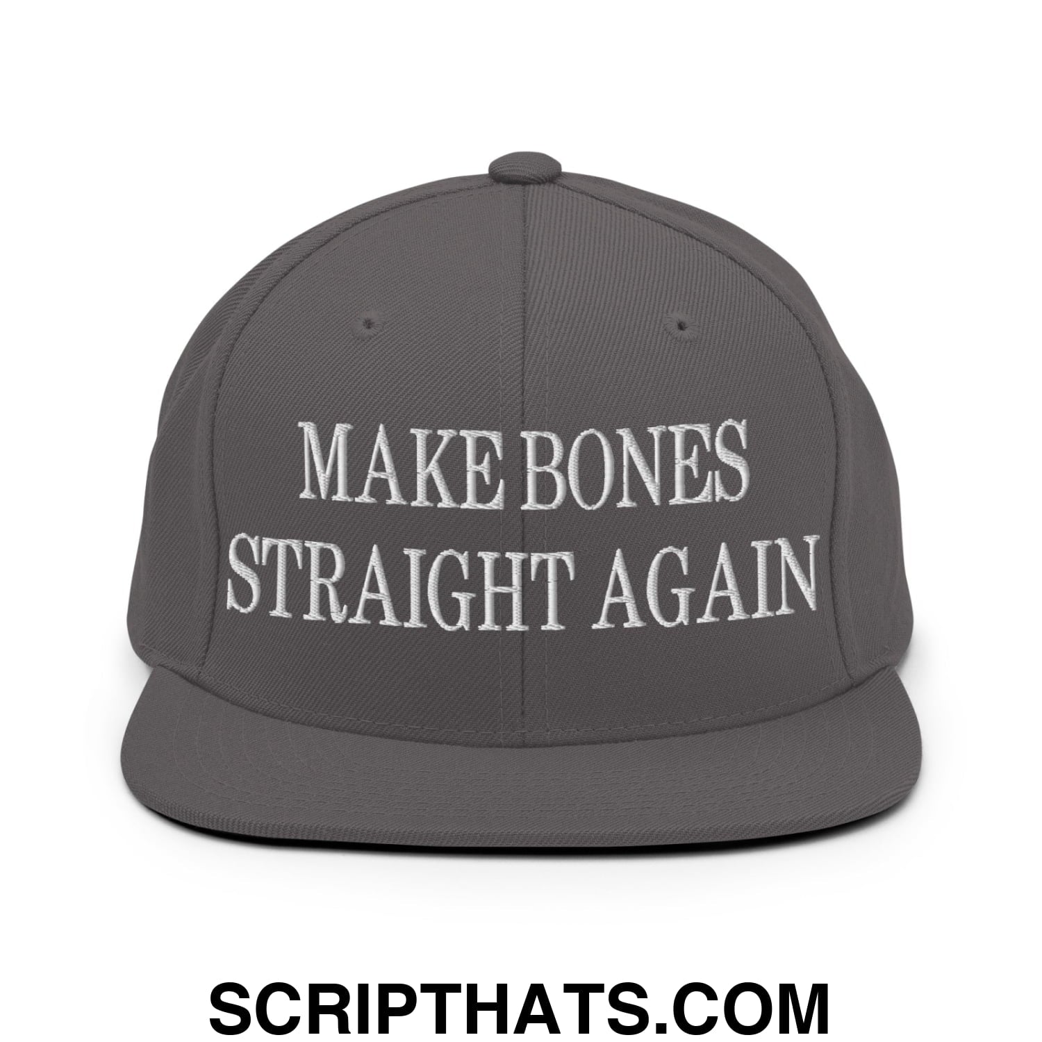 A dark gray snapback hat with white embroidered make bones straight again text on the front flat bill brim