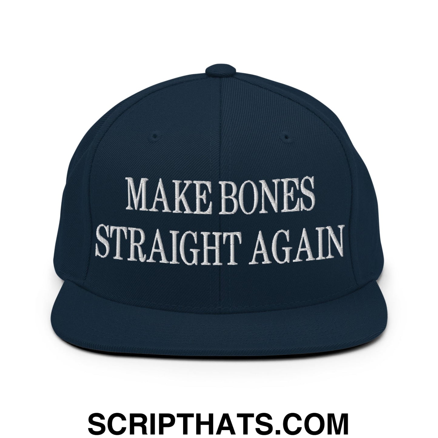 Navy blue snapback hat with white embroidered make bones straight again text and flat bill brim design