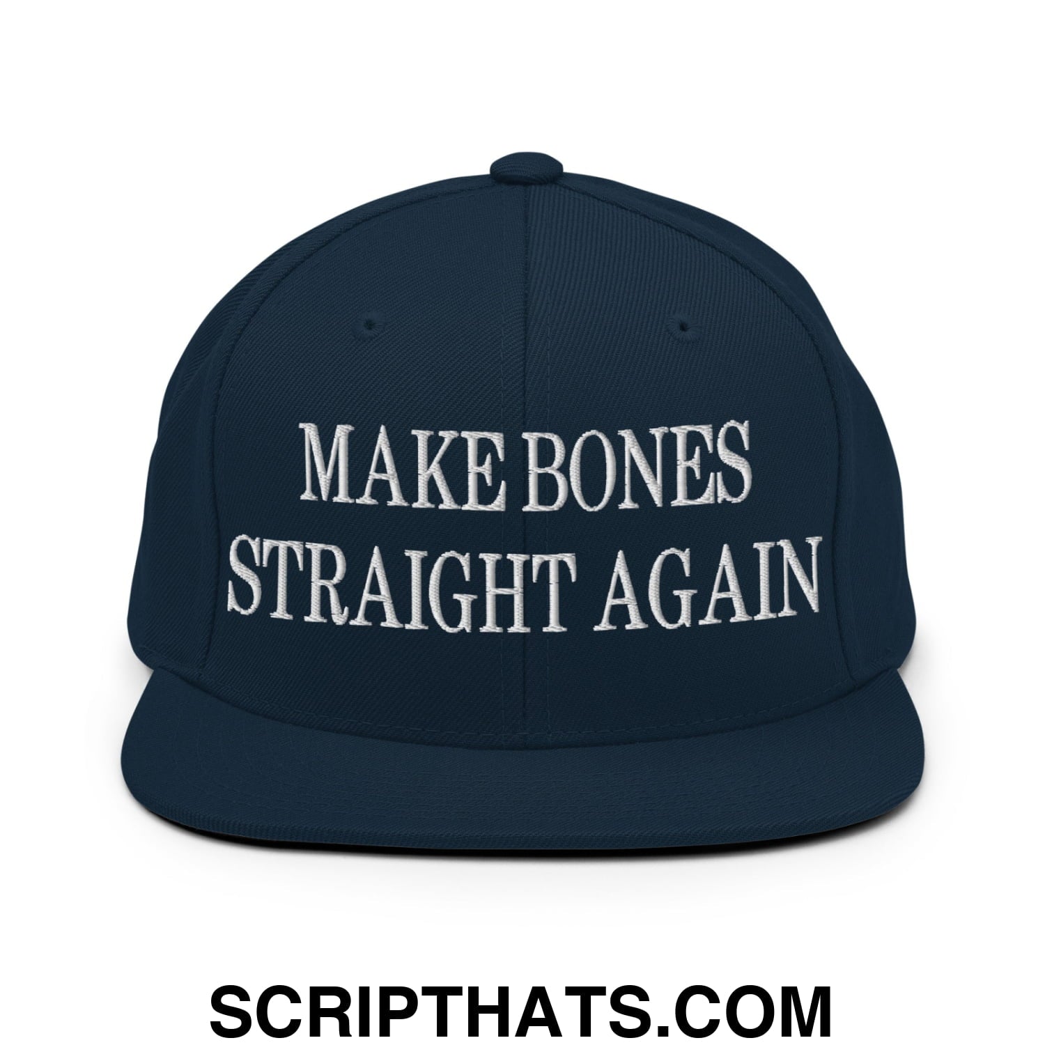 Navy blue snapback hat with white embroidered make bones straight again text and flat bill brim design