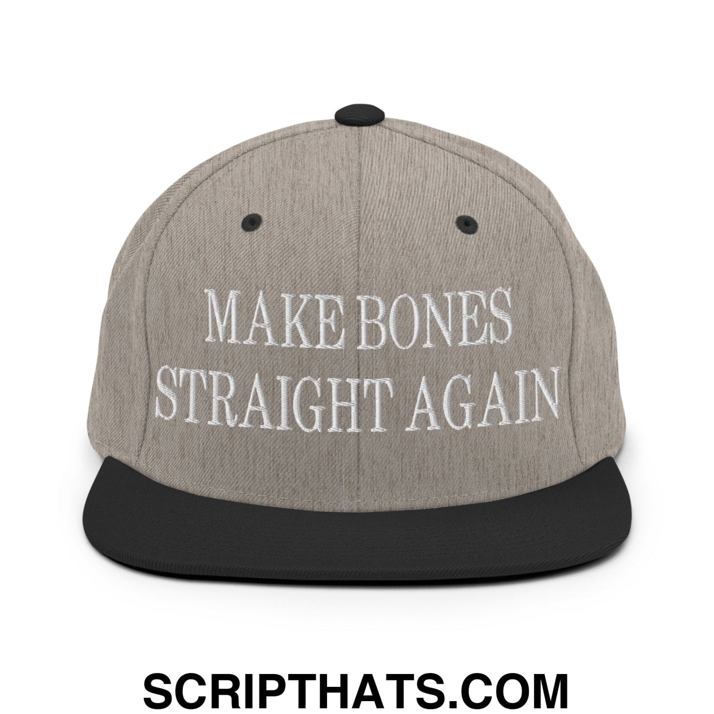 Gray snapback hat with black flat bill brim and embroidered white text make bones straight again