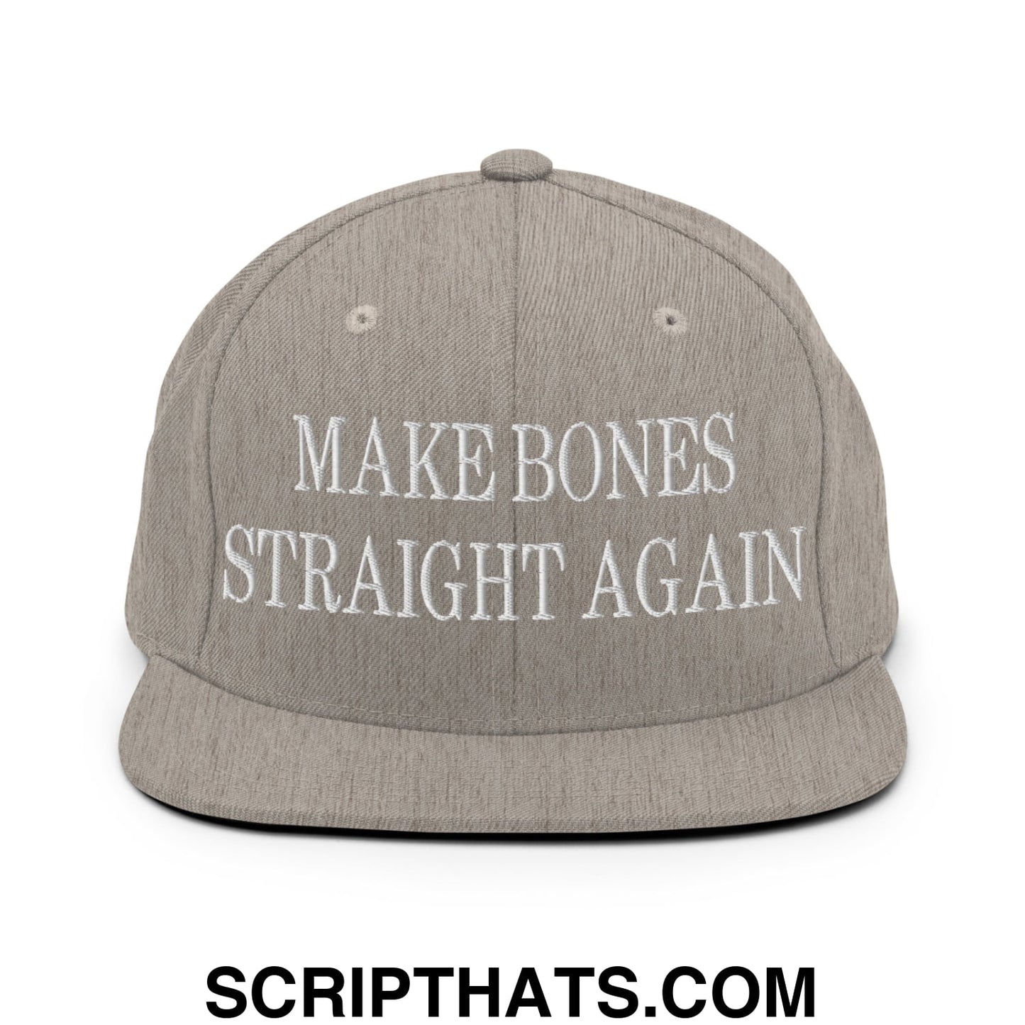 Gray flat bill brim snapback hat with white embroidered make bones straight again text for casual wear