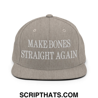 Gray flat bill brim snapback hat with white embroidered make bones straight again text for casual wear