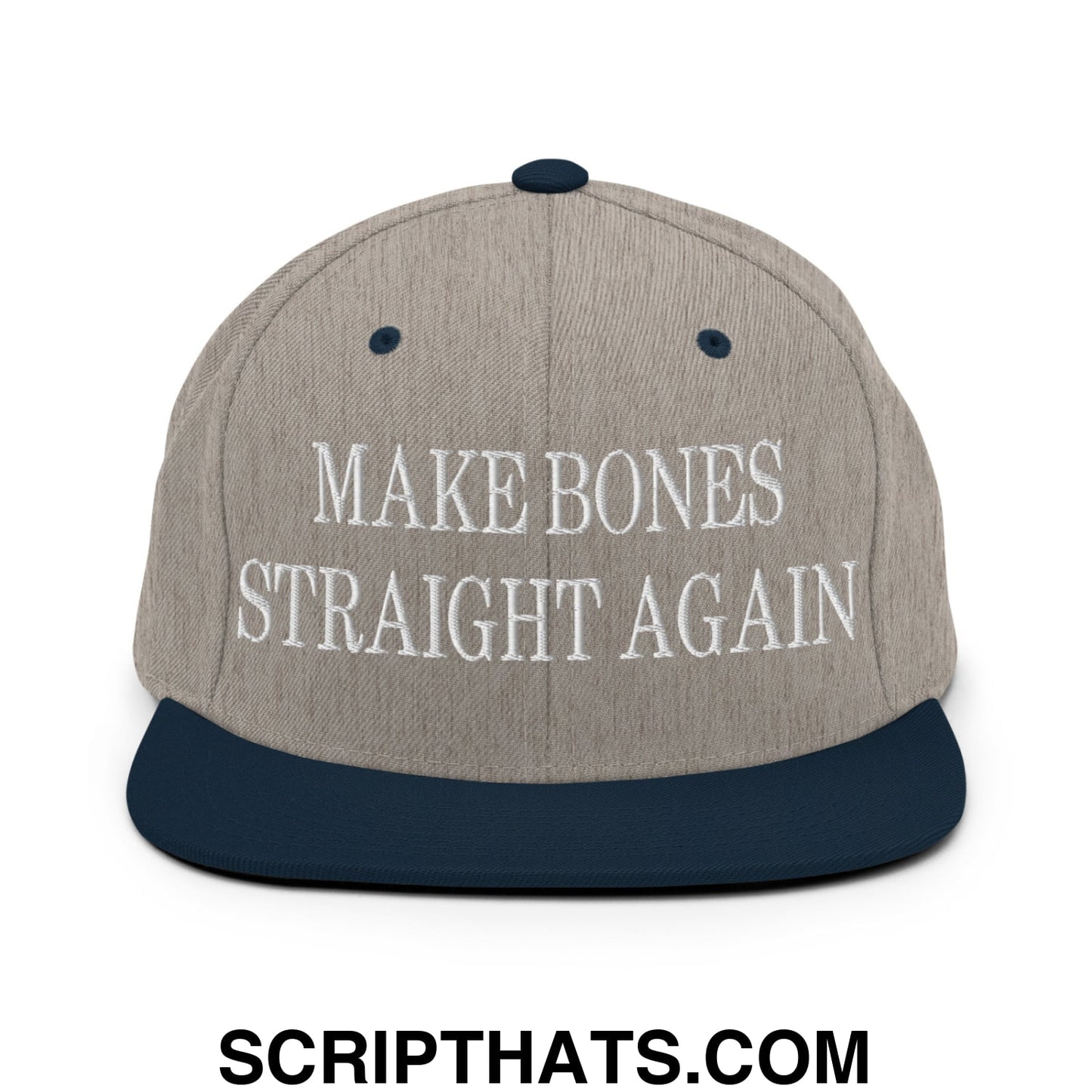A gray and navy blue snapback hat with a flat bill and white embroidered make bones straight again text