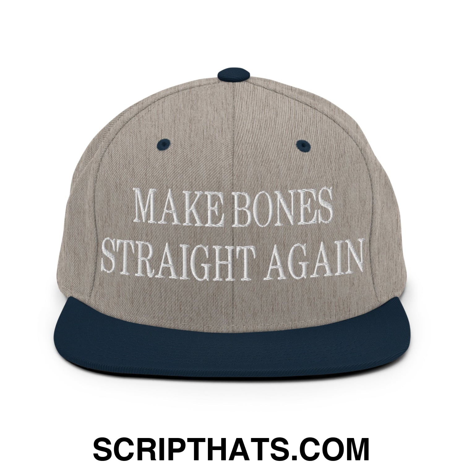 A gray and navy blue snapback hat with a flat bill and white embroidered make bones straight again text