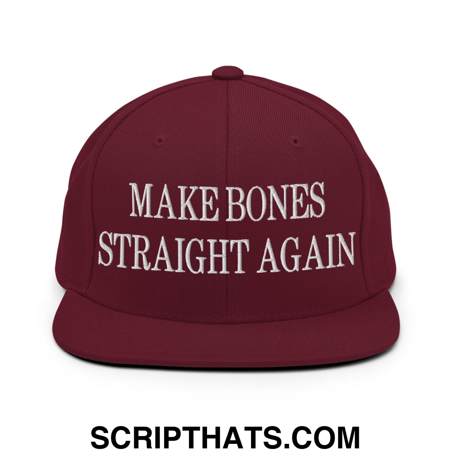 Maroon make bones straight again embroidered flat bill brim snapback hat with white text on front panel