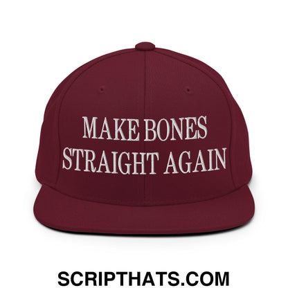 Maroon make bones straight again embroidered flat bill brim snapback hat with white text on front panel