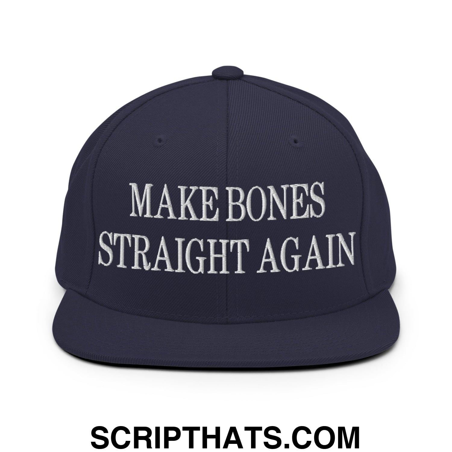 Navy blue snapback hat with white embroidered make bones straight again text and flat bill brim design