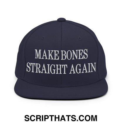 Navy blue snapback hat with white embroidered make bones straight again text and flat bill brim design