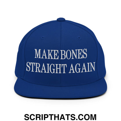 Royal blue snapback cap with white embroidered make bones straight again text and flat bill brim design