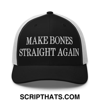 Black and white embroidered mesh trucker hat with make bones straight again text in bold uppercase font