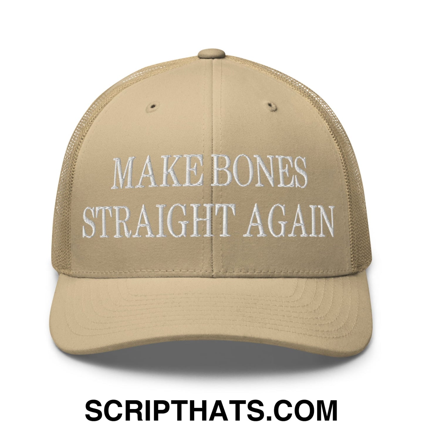 Beige mesh trucker hat with white embroidered text make bones straight again on the front panel