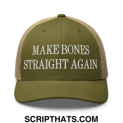 Olive green and tan mesh trucker hat with white embroidered make bones straight again text