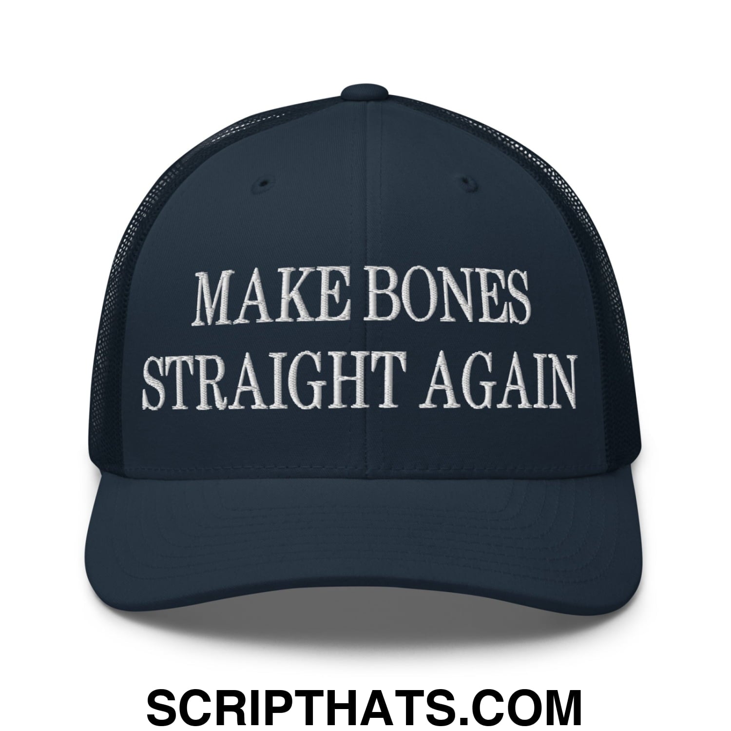Dark navy mesh trucker hat with white embroidered text make bones straight again on the front panel