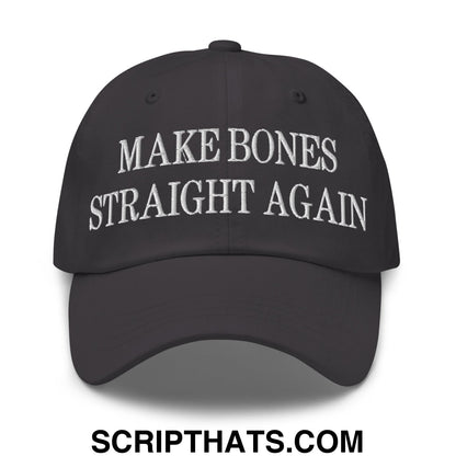 Black unstructured dad hat with white embroidered make bones straight again text for casual wear