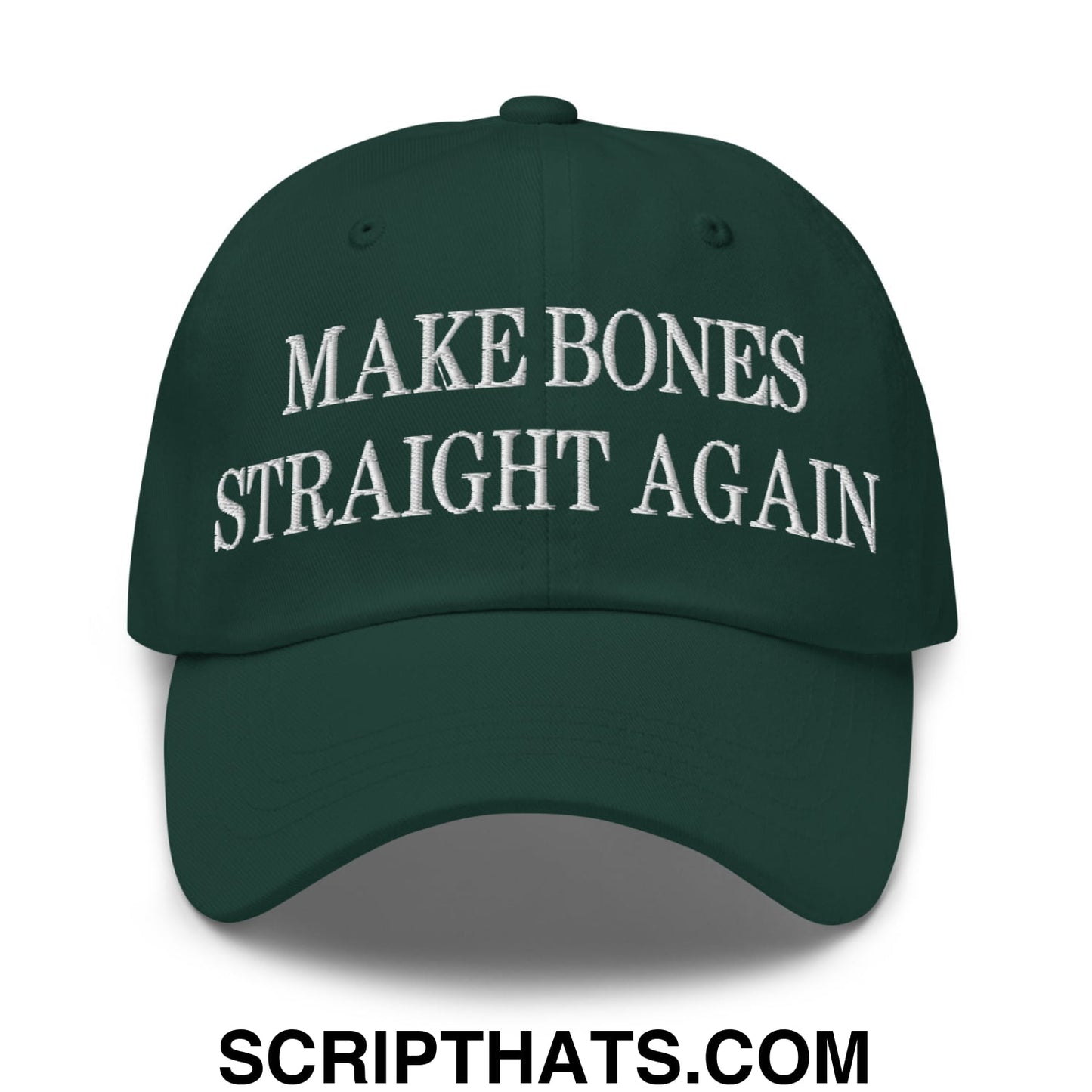 Dark green embroidered unstructured dad hat with white make bones straight again text for casual wear
