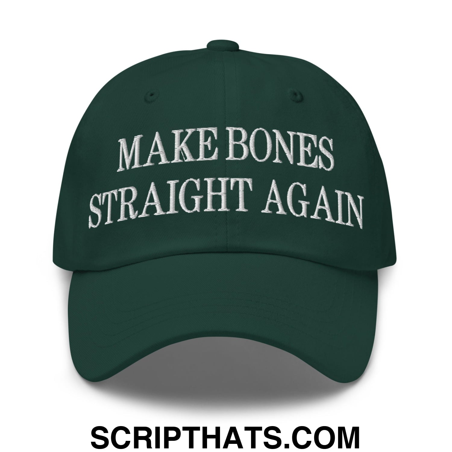 Dark green embroidered unstructured dad hat with white make bones straight again text for casual wear