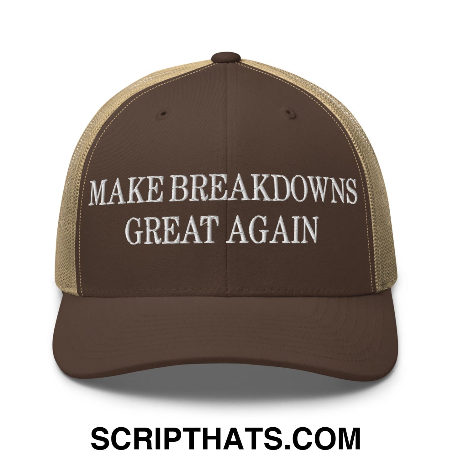 Make Breakdowns Great Again Embroidered Mesh Trucker Hat Brown Khaki