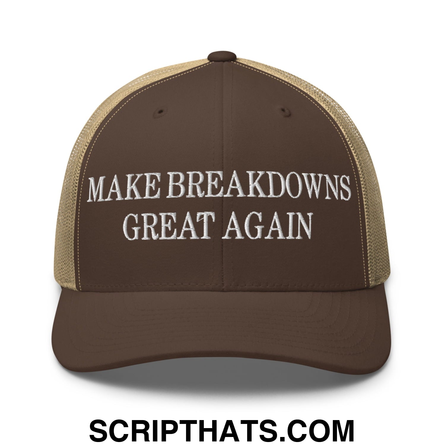 Make Breakdowns Great Again Embroidered Mesh Trucker Hat Brown Khaki