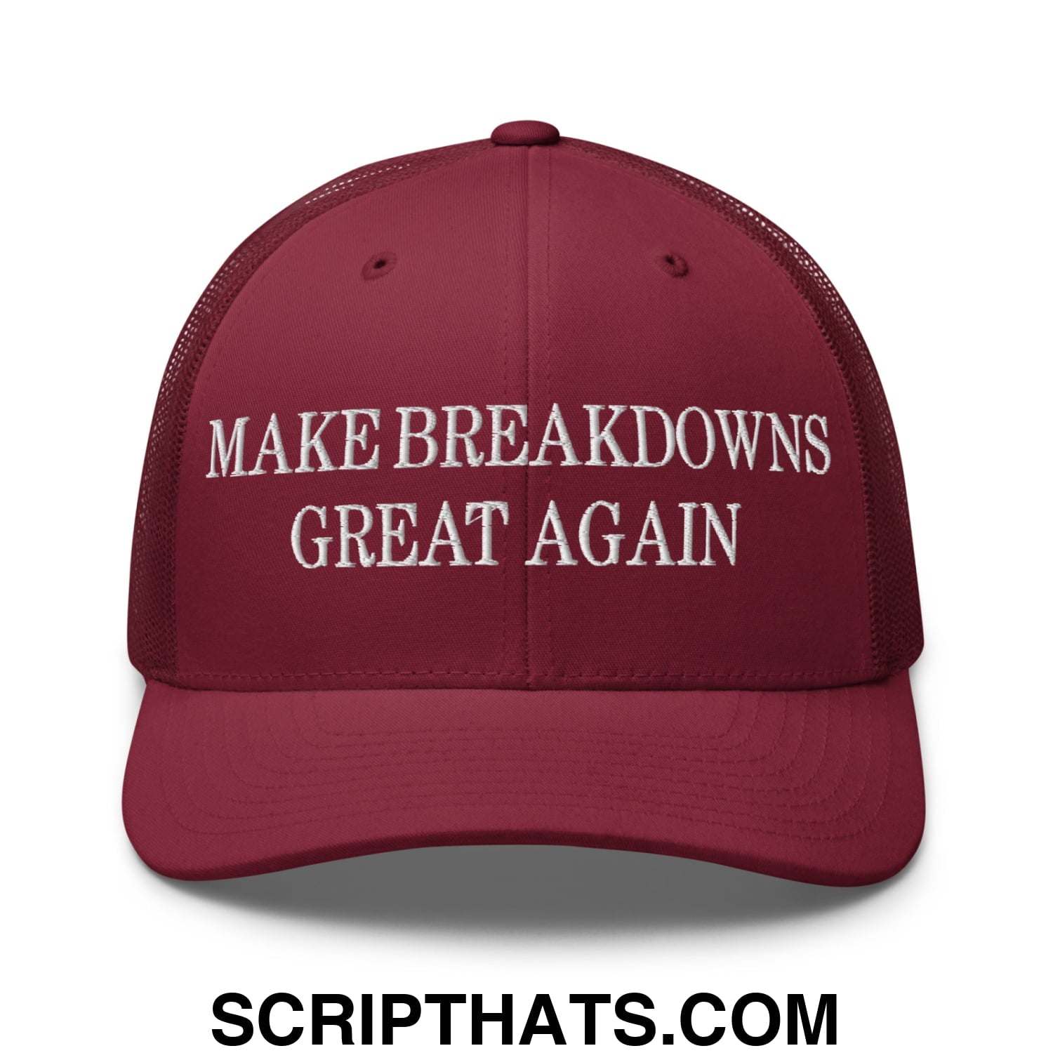 Make Breakdowns Great Again Embroidered Mesh Trucker Hat Cranberry