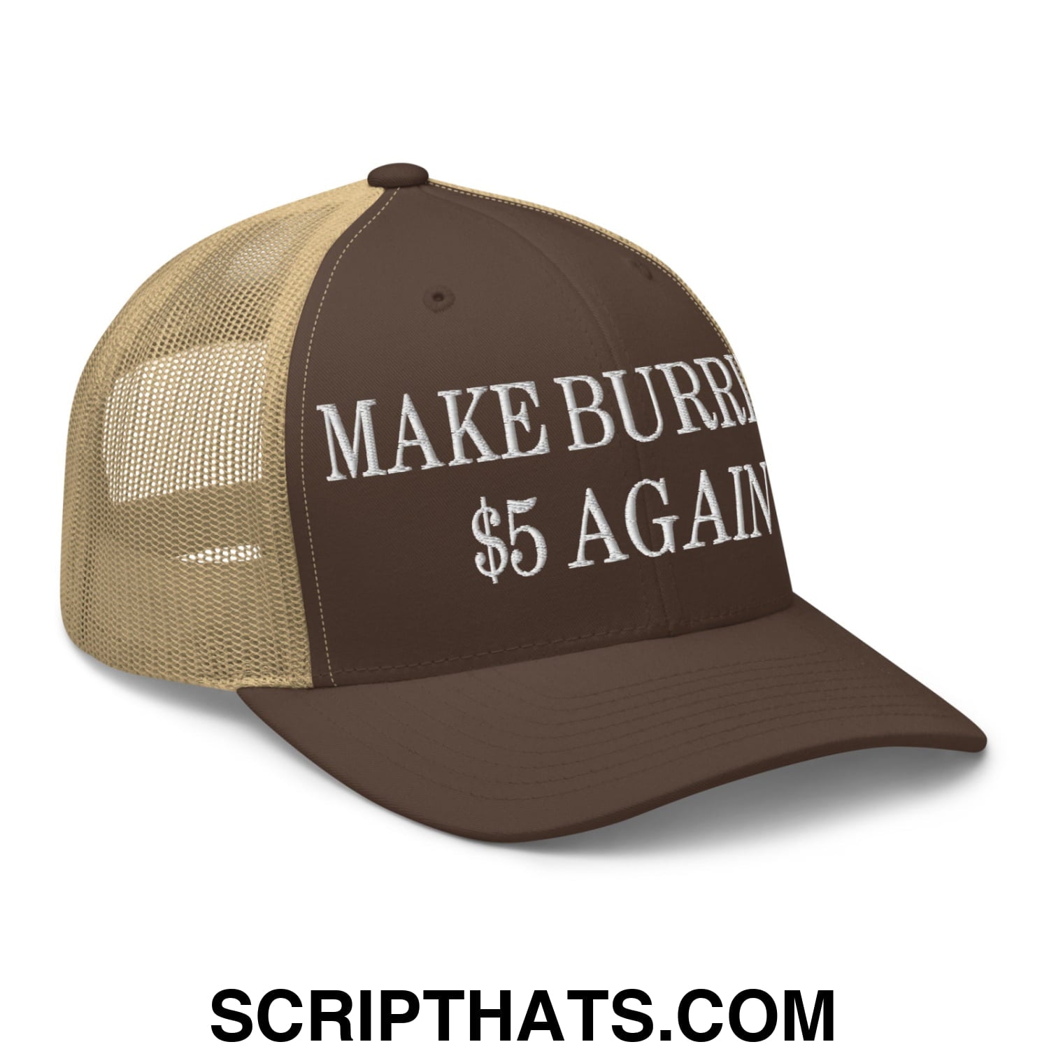Make Burritos $5 Again Embroidered Mesh Trucker Hat Brown Khaki
