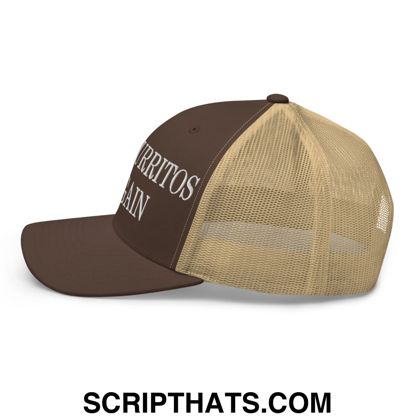 Make Burritos $5 Again Embroidered Mesh Trucker Hat Brown Khaki