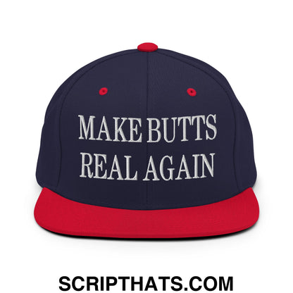 Make Butts Real Again Embroidered Flat Bill Brim Snapback Hat Navy Red