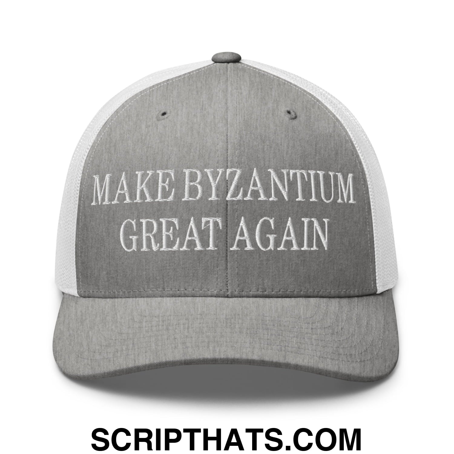 Make Byzantium Great Again Embroidered Mesh Trucker Hat Heather Grey White