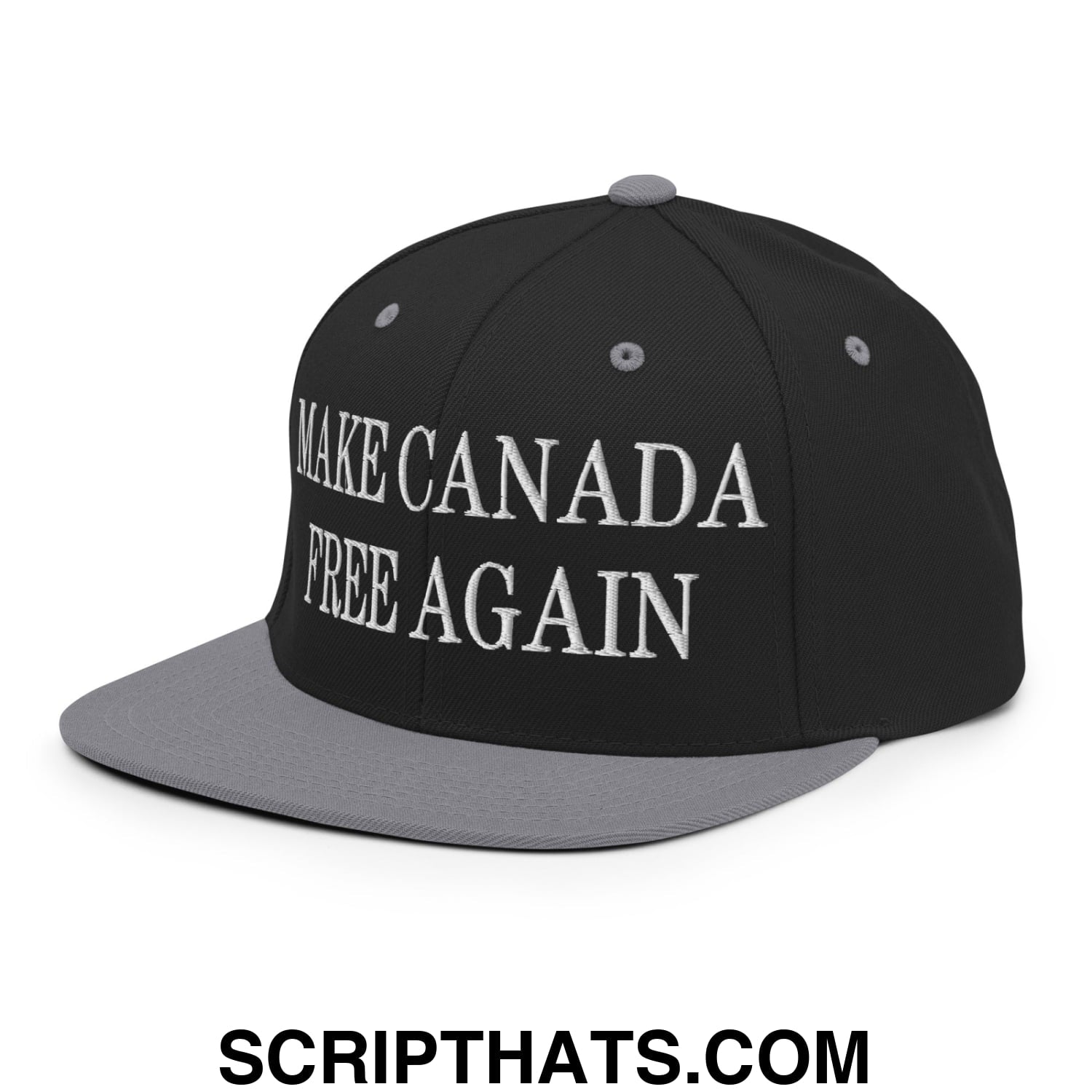Black and gray snapback cap with white embroidered make canada free again text on flat bill brim