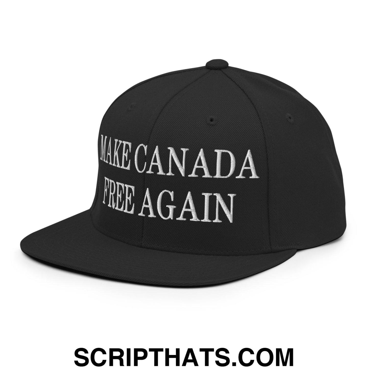 Black snapback hat with white embroidered make canada free again text and flat bill brim for casual wear