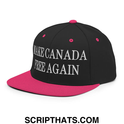 Black snapback hat with vibrant pink brim and button featuring white embroidered text make Canada free again