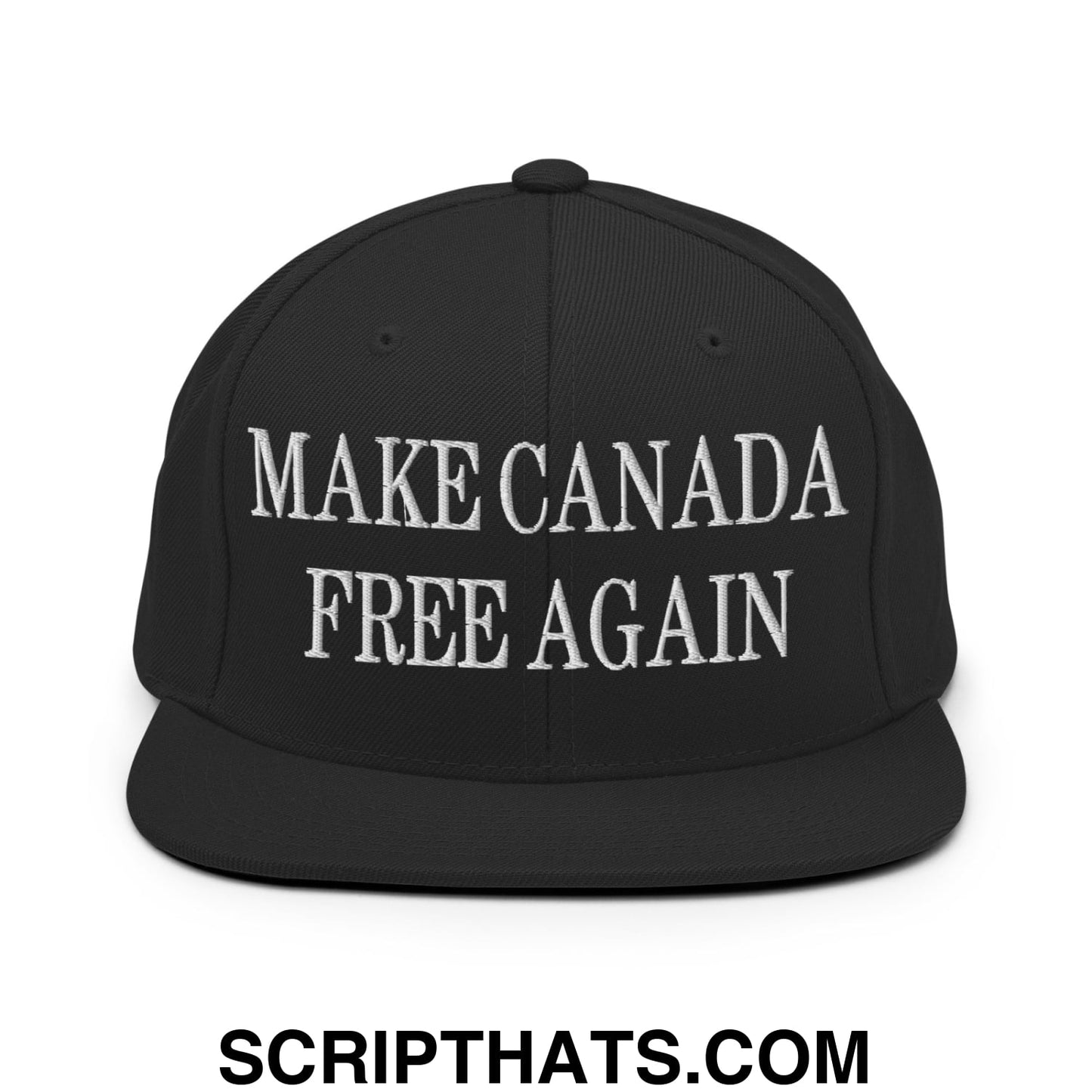 Black snapback hat with white embroidered make canada free again text and flat bill brim design