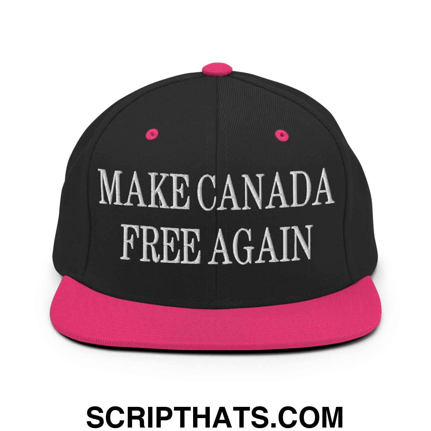 Black snapback cap with vibrant pink flat bill brim and embroidered white text make Canada free again