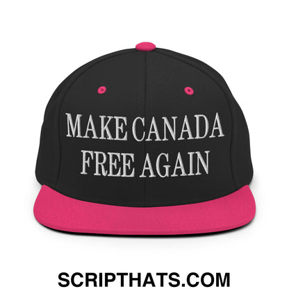 Black snapback cap with vibrant pink flat bill brim and embroidered white text make Canada free again