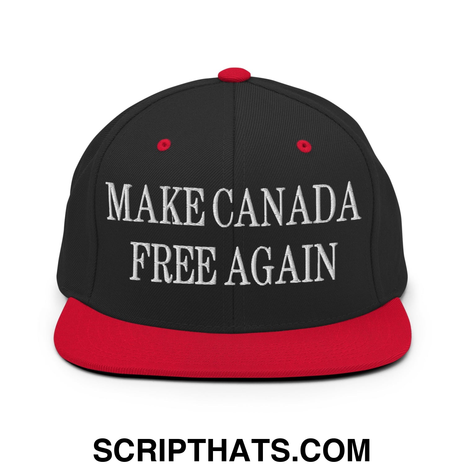 Black and red snapback hat with white embroidered text make Canada free again and flat bill brim design