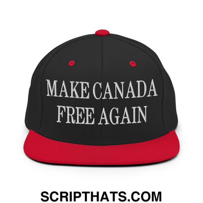Black and red snapback hat with white embroidered text make Canada free again and flat bill brim design