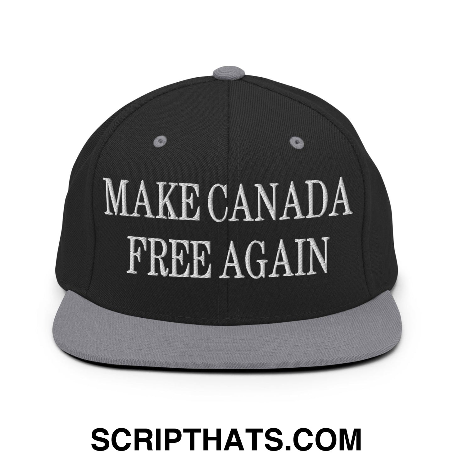 Black snapback cap with gray brim and white embroidered make Canada free again text flat bill brim style