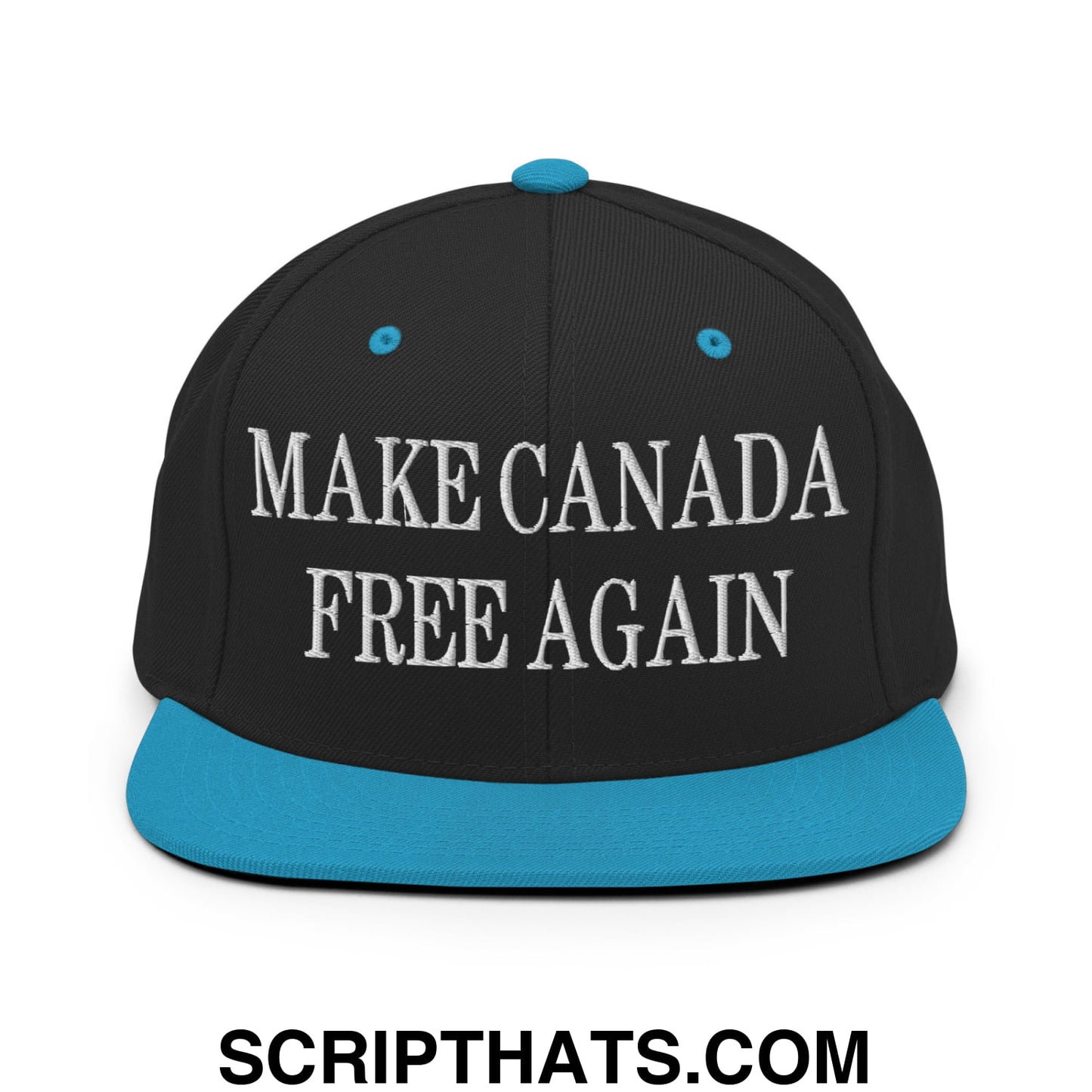 Black snapback cap with teal brim and button featuring white embroidered make canada free again text