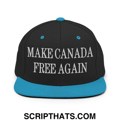 Black snapback cap with teal brim and button featuring white embroidered make canada free again text