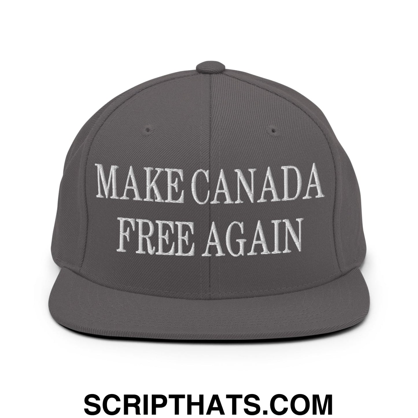 Dark gray snapback hat with white embroidered make canada free again text and flat bill brim design
