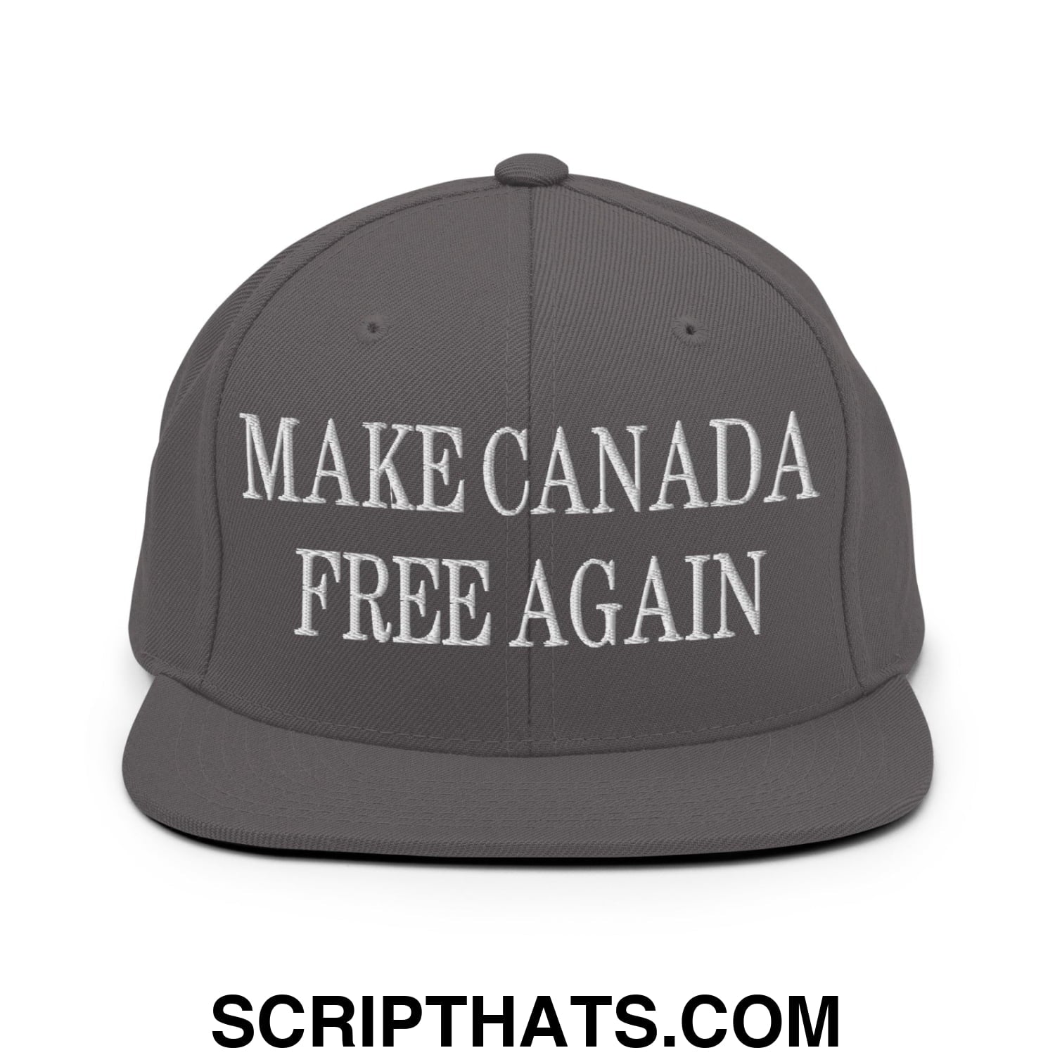 Dark gray snapback hat with white embroidered make canada free again text and flat bill brim design