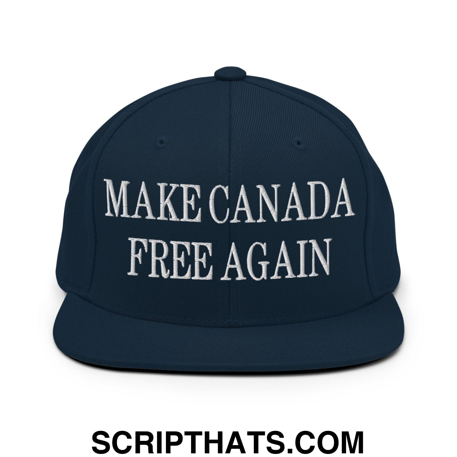 Navy blue snapback hat with white embroidered make canada free again text and flat bill brim design