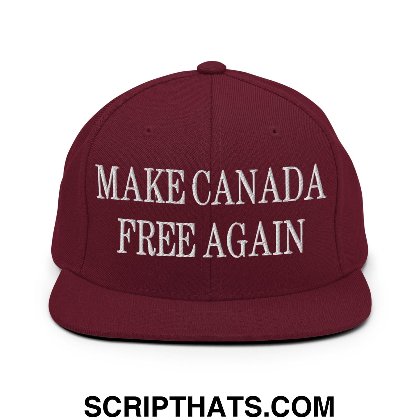 Maroon flat bill brim snapback hat with white embroidered text make Canada free again for casual wear