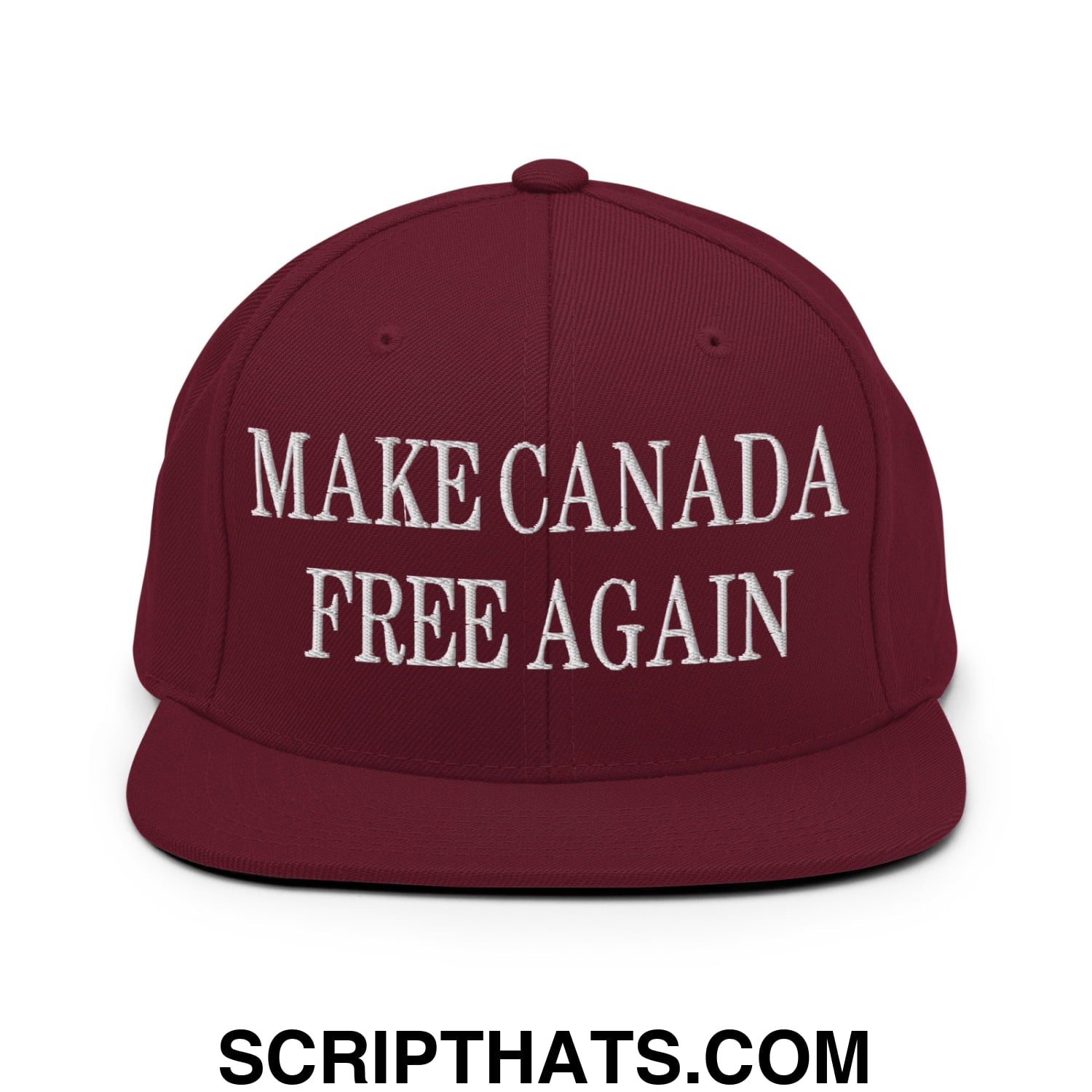 Maroon flat bill brim snapback hat with white embroidered text make Canada free again for casual wear