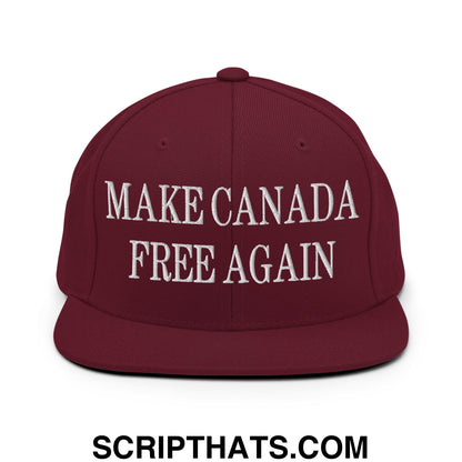 Maroon flat bill brim snapback hat with white embroidered text make Canada free again for casual wear